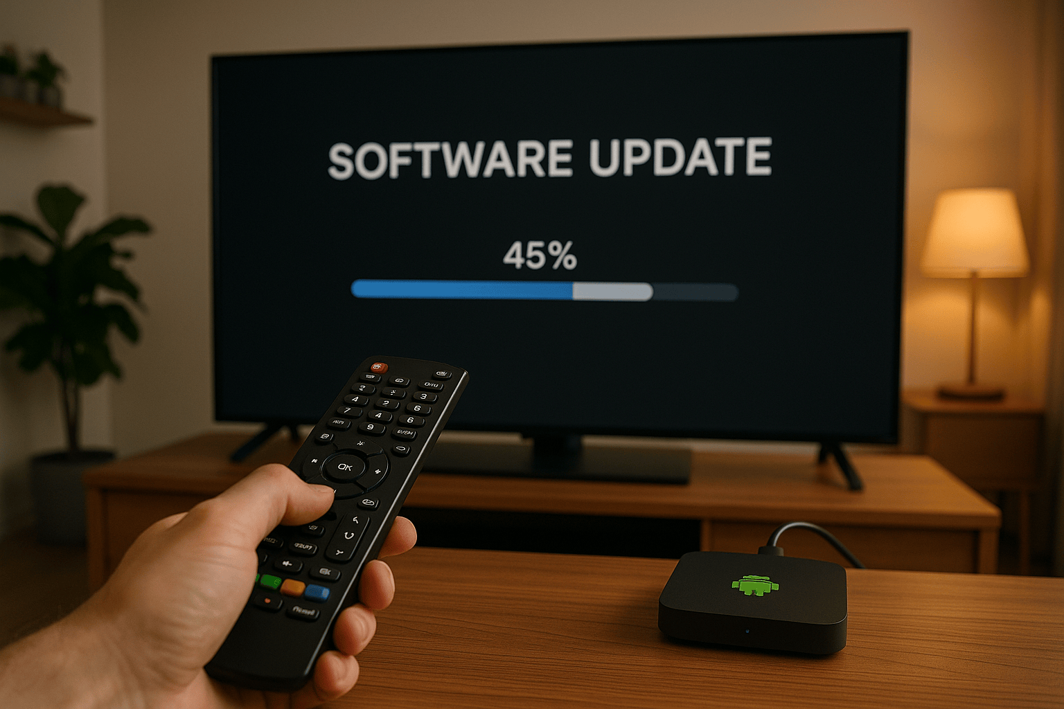 Hand holding a TV remote pointing at an Android TV box while a software update progress bar displays on the television