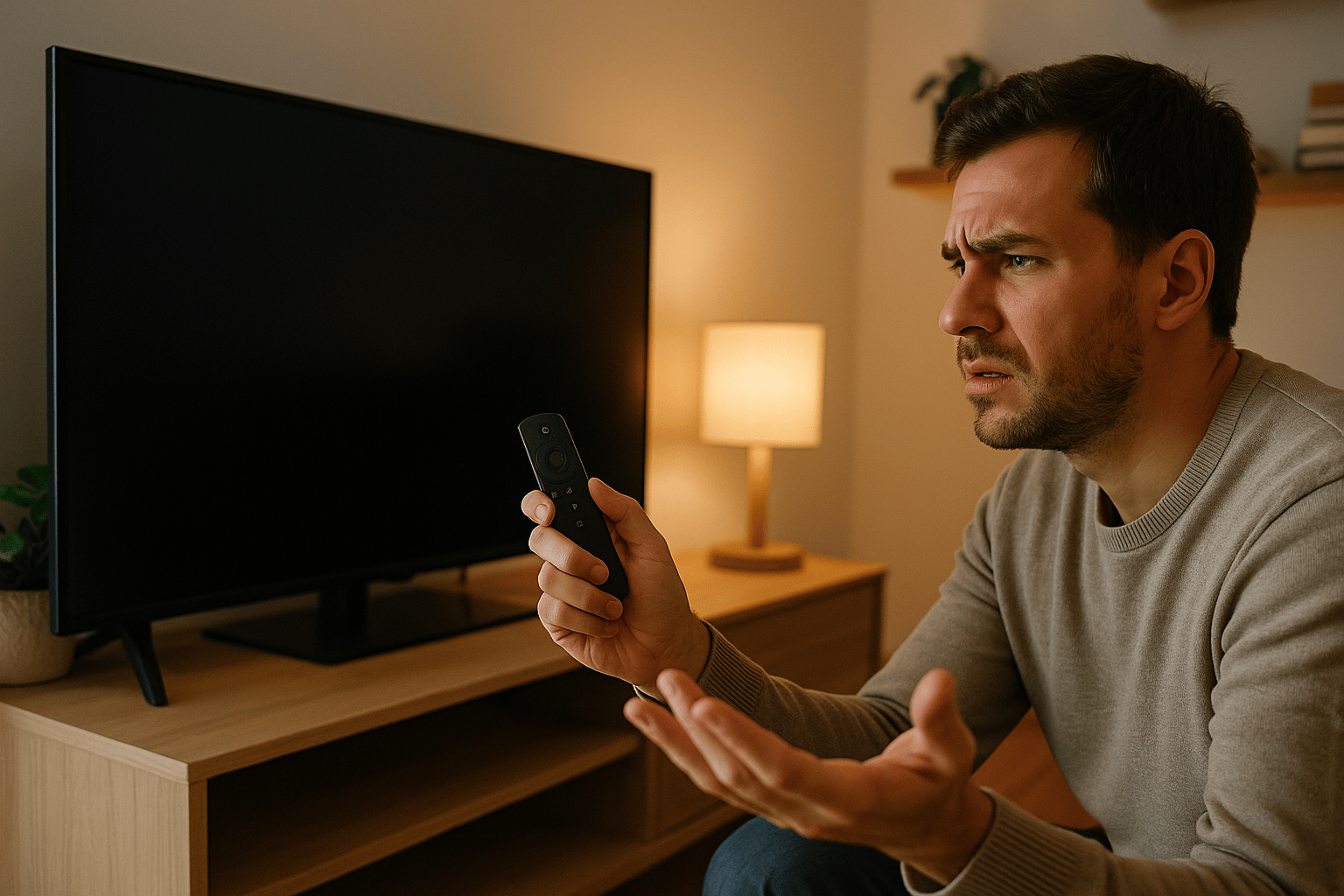 Frustrated person holding a streaming TV remote that is not working while looking at a blank television screen
