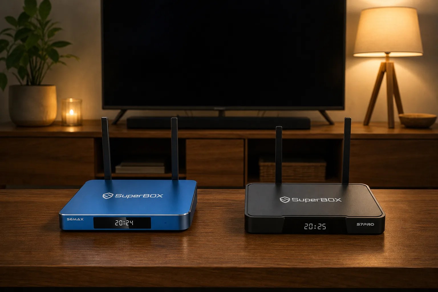 SuperBox S6 Max vs S7 Pro streaming boxes compared on a living room console