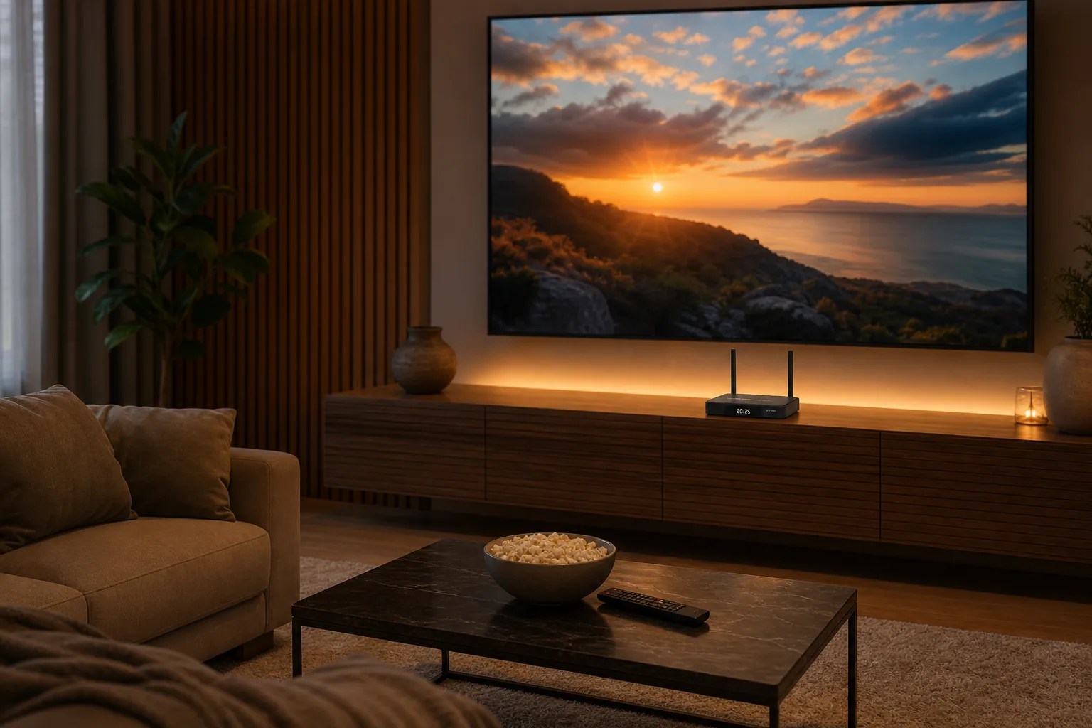 SuperBox S7 Pro review, streaming box on a media console in a living room