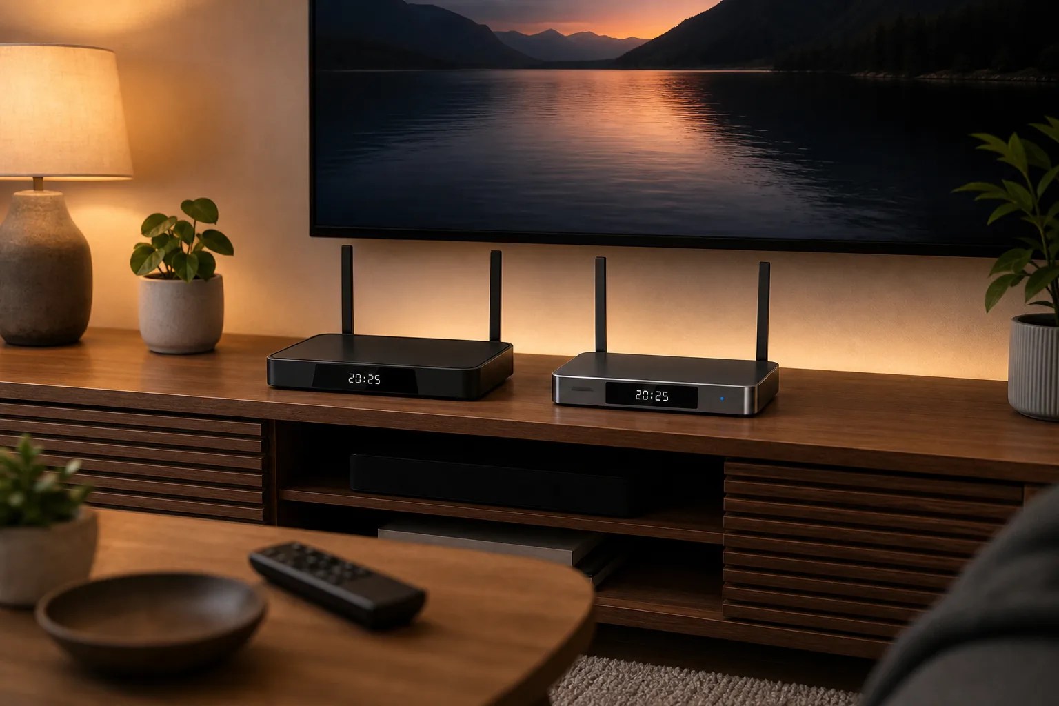 SuperBox S7 Pro vs S7 Ultra streaming boxes compared on a living room console
