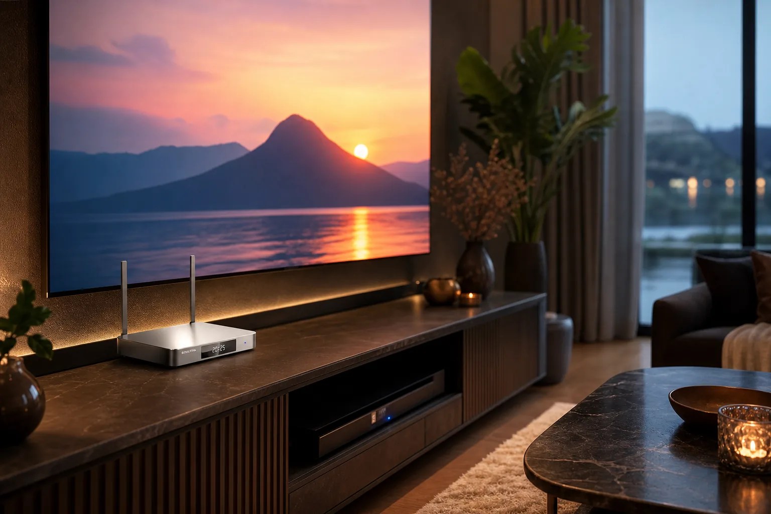 SuperBox S7 Ultra flagship streaming box in an upscale living room setup