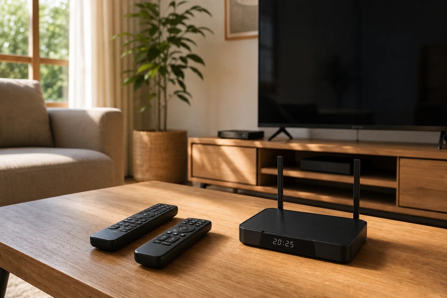 SuperBox S7 Pro vs Google TV streaming device in a bright modern living room