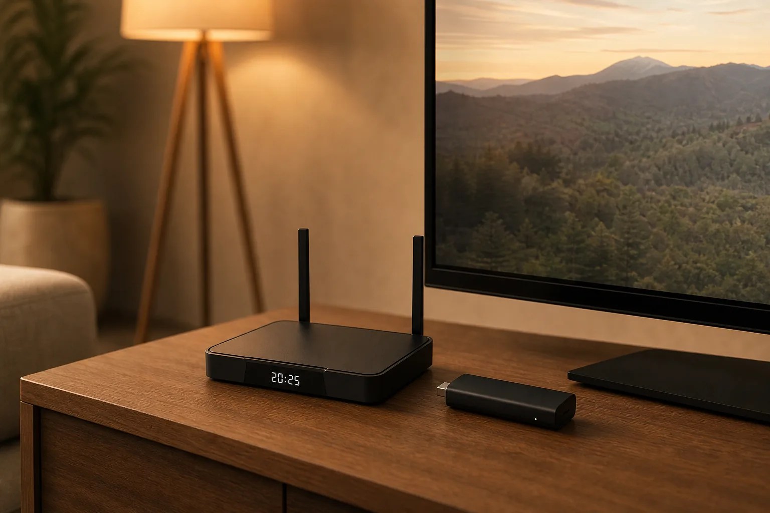 SuperBox S7 Pro vs Roku streaming device compared in a home living room
