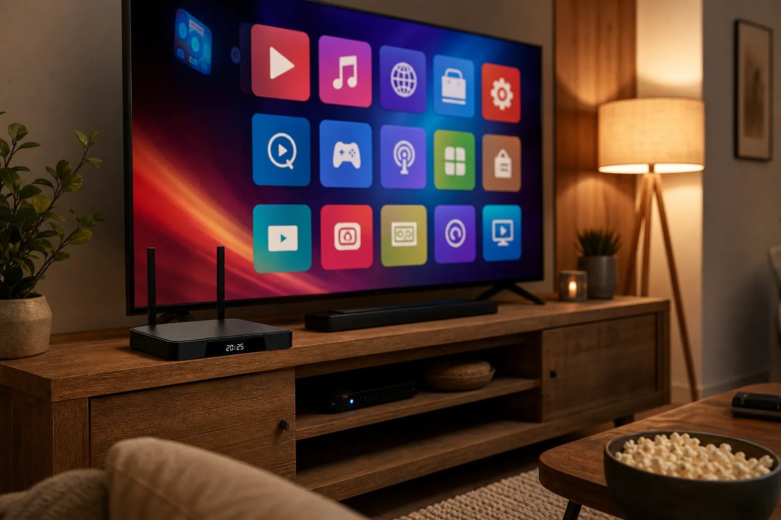 What is an Android TV box, SuperBox S7 Pro streaming apps in a living room