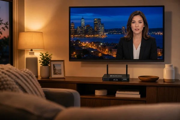 Watch local channels on an Android TV box, SuperBox S7 Pro in a living room
