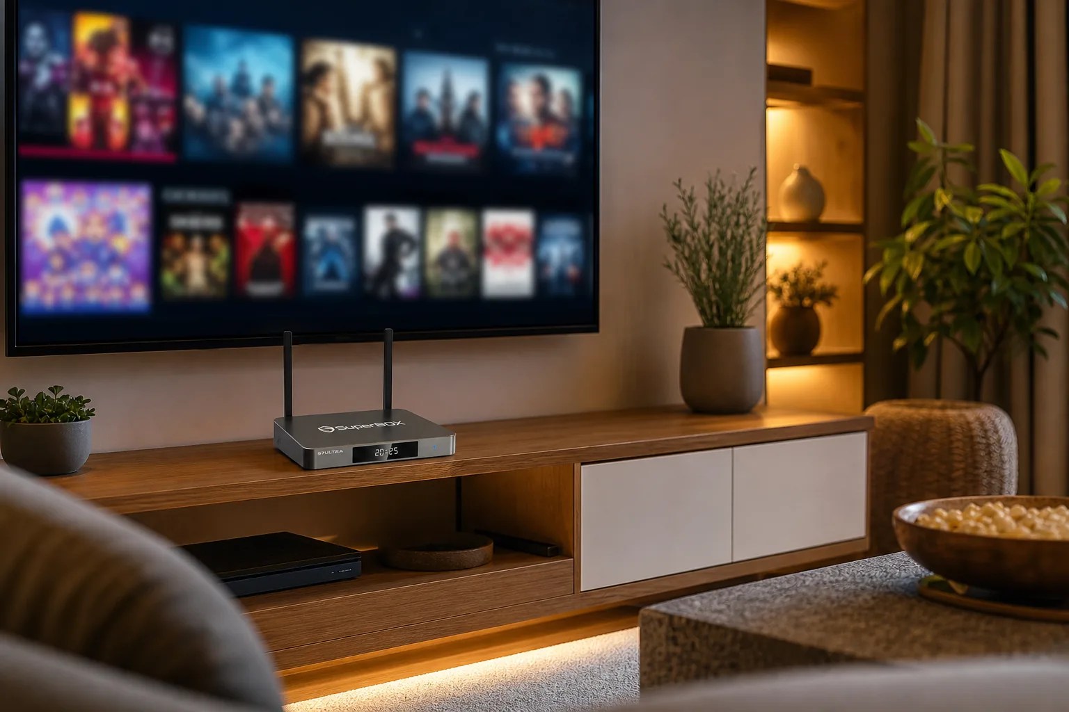 SuperBox storage full, S7 Ultra streaming box freeing up space in a living room