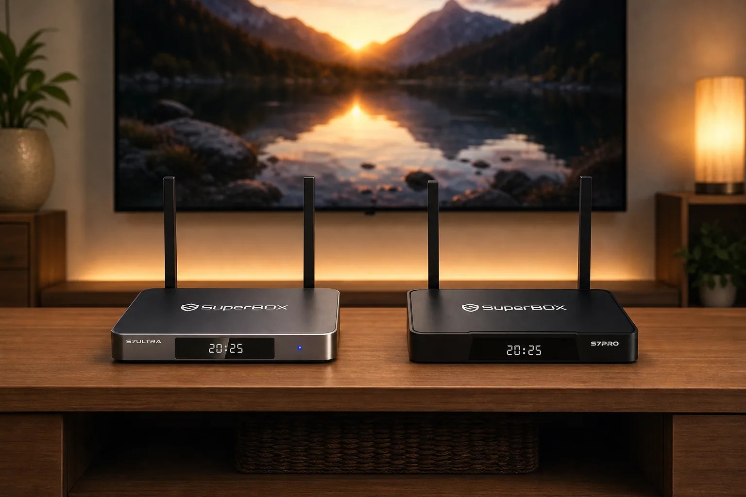 SuperBox vs Nvidia Shield, S7 Ultra and S7 Pro streaming boxes in a living room