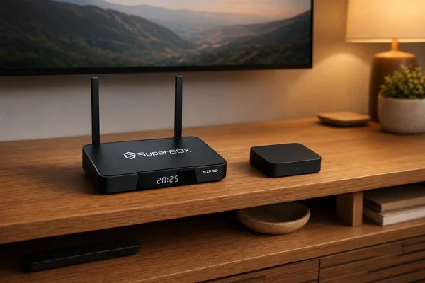 SuperBox vs Onn budget Android TV box compared in a living room
