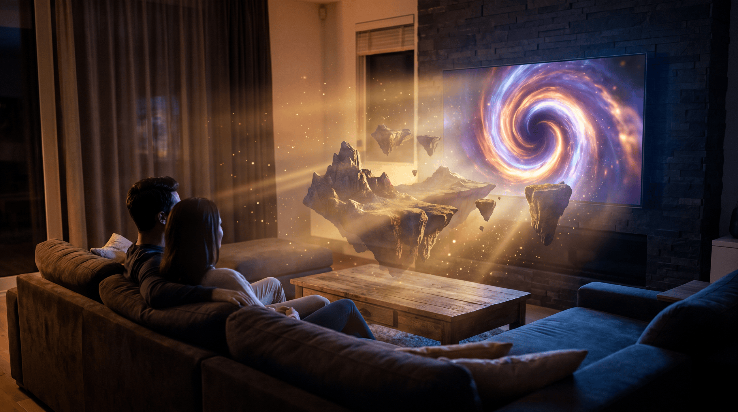Cinematic movie scene bursting out of a TV in a living room