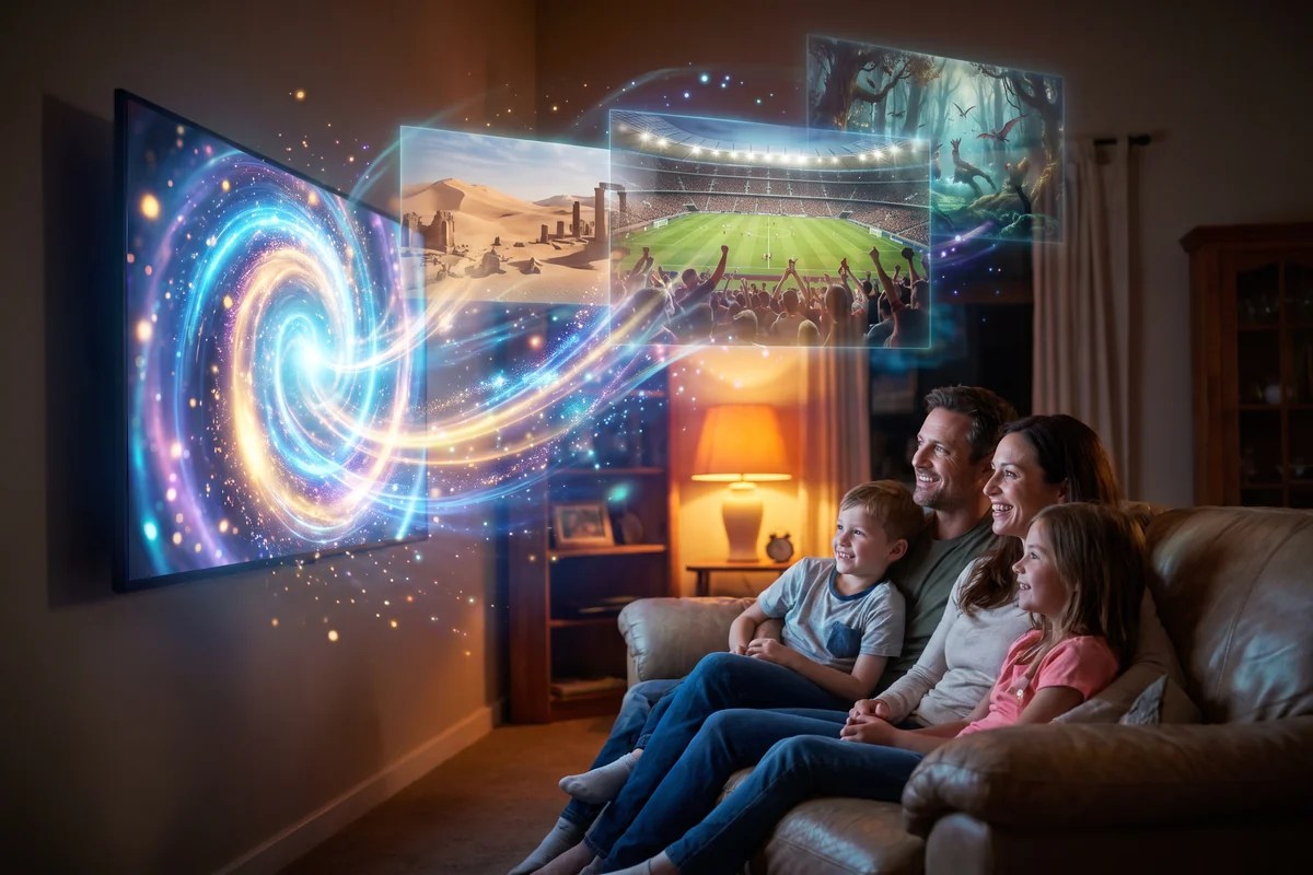 SuperBox S8 models explained, family surrounded by cinematic worlds from the TV