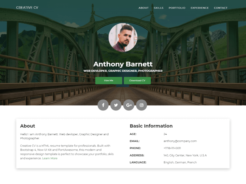 Creative Cv A Free Creative Resume Website Template Super Dev Resources