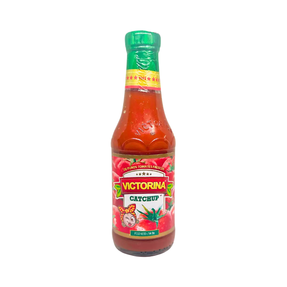Victorina ketchup 14oz bottle, sweet and tangy flavor from fresh tomatoes.