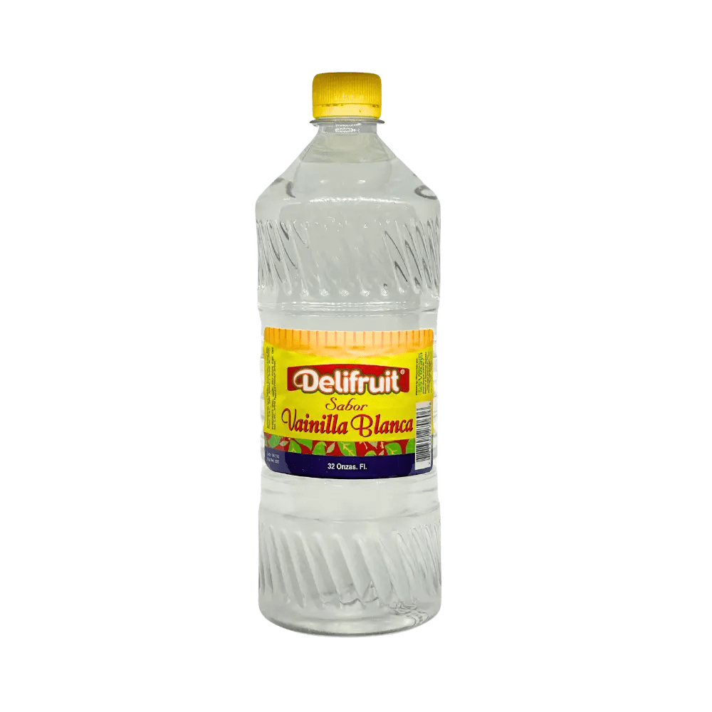 Delifruit Clear Vanilla Extract in a 32 oz plastic bottle with yellow cap and bright yellow label.