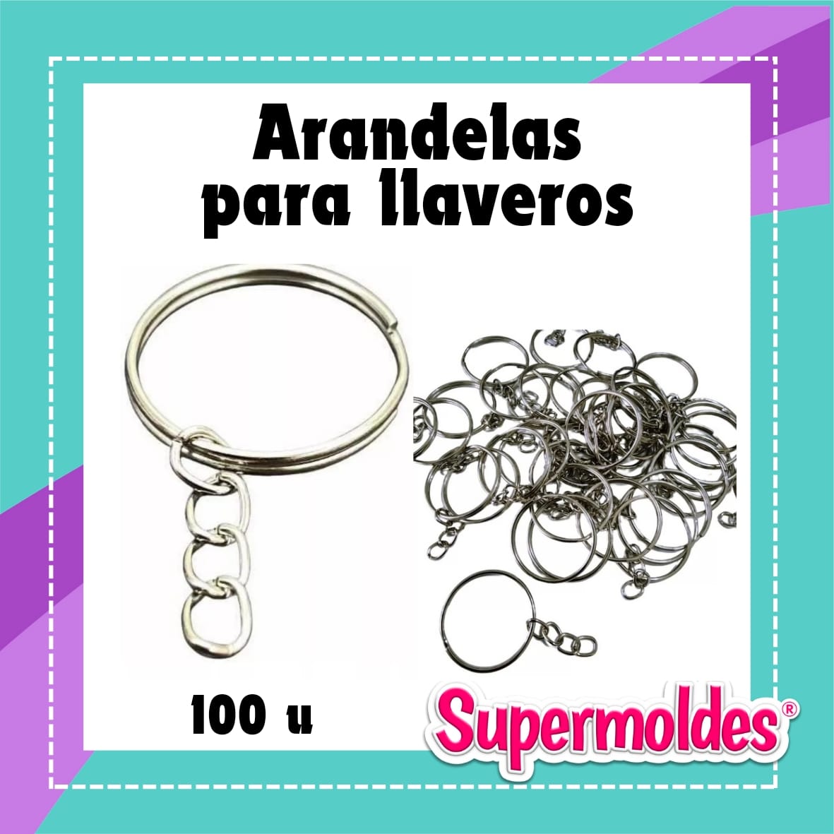Arandelas / argollas con cadena para llaveros niquelada economica 100 unidades