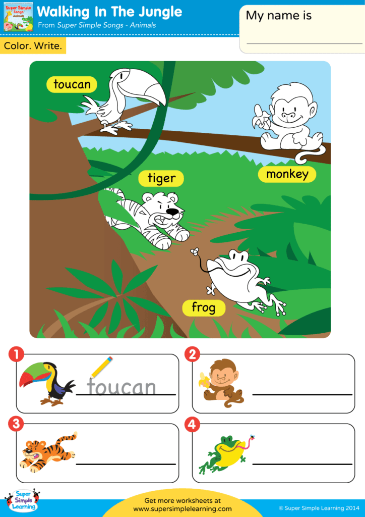 walking in the jungle worksheet color write super simple