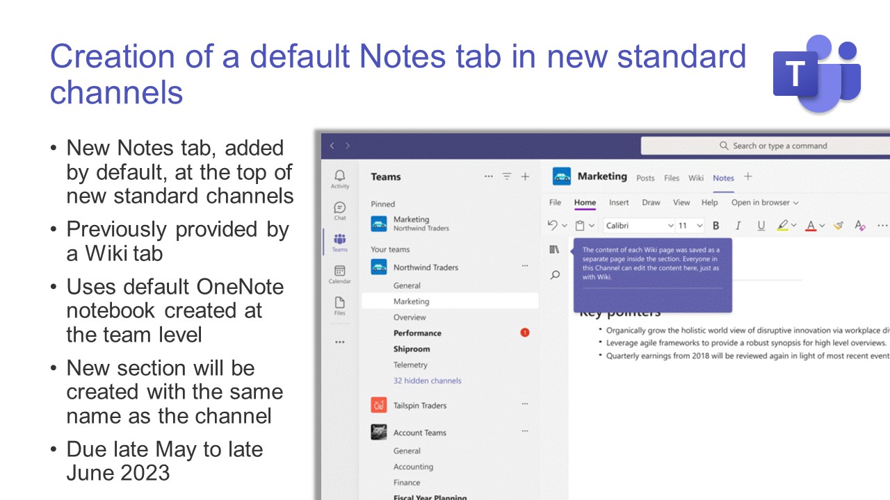 Creation of a default Notes tab in new standard channels in Microsoft