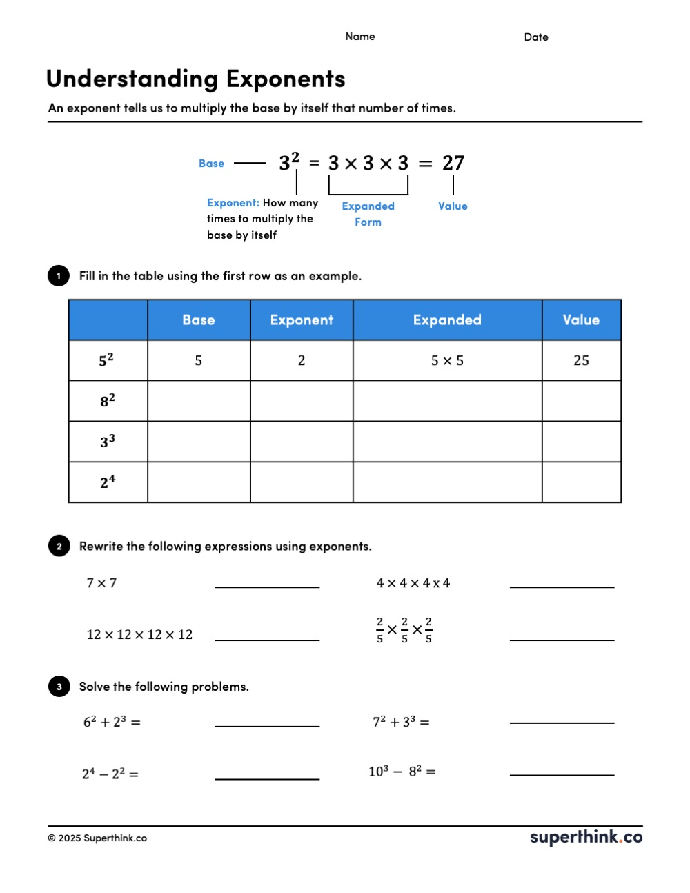 A free, printable exponents worksheet with three sections: (1) a table for base, exponent, expanded form, and value; (2) rewriting multiplication expressions using exponents; and (3) solving simple exponential expressions.
