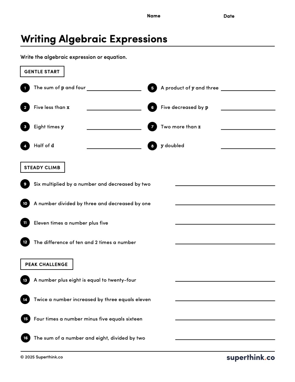 A writing algebraic expressions worksheet that asks students to take written word expressions and equations and turn them into mathematical expressions and equations.