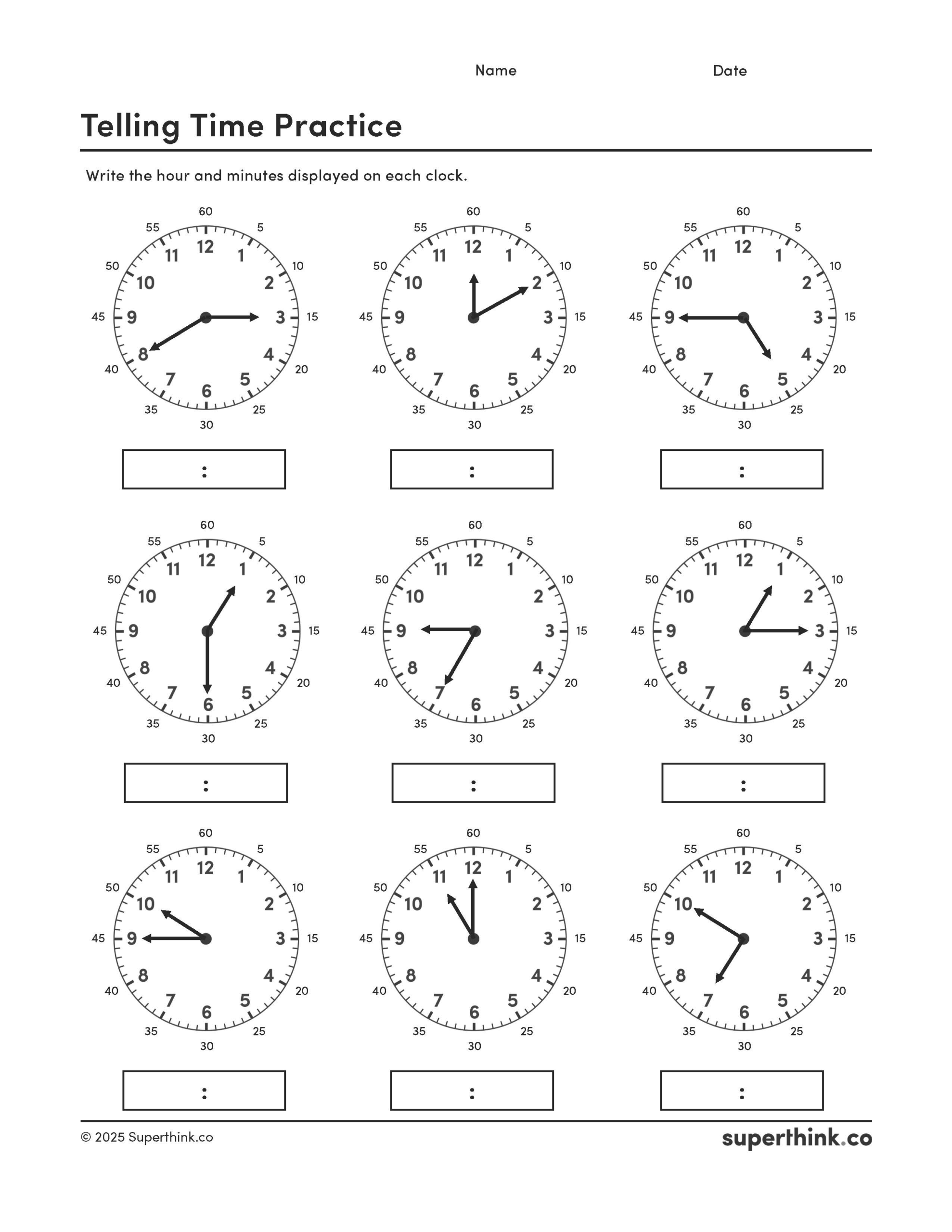 Telling time worksheet with clocks set to minutes in 5 minute increments.