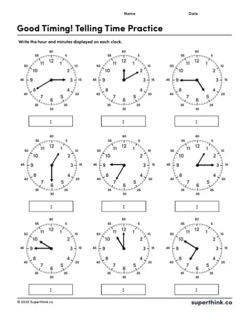 Telling time worksheet with clocks set to minutes in 5 minute increments.
