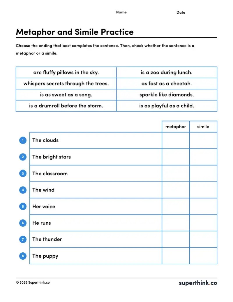 A printable metaphor and simile worksheet featuring sentences where students identify similes and metaphors.
