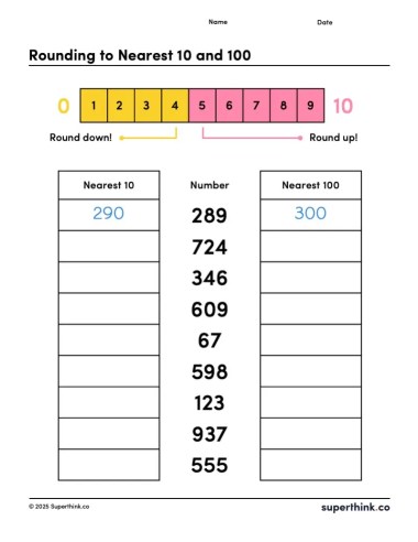 A printable free rounding numbers worksheet that asks students to round three digit numbers to 10 and 100.