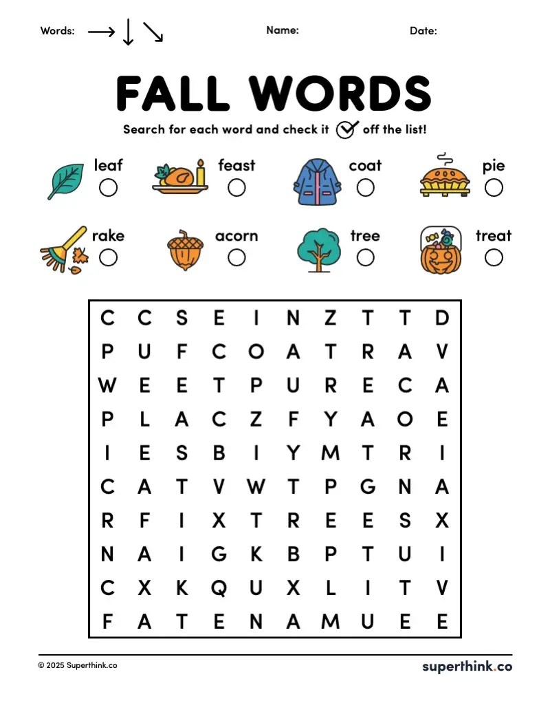 A Fall word search printable displaying eight images of seasonal items such as leaf and pie. Each image is paired with its corresponding word and a checkbox. Below the images, a word search grid contains the listed words hidden horizontally, vertically and diagonally.