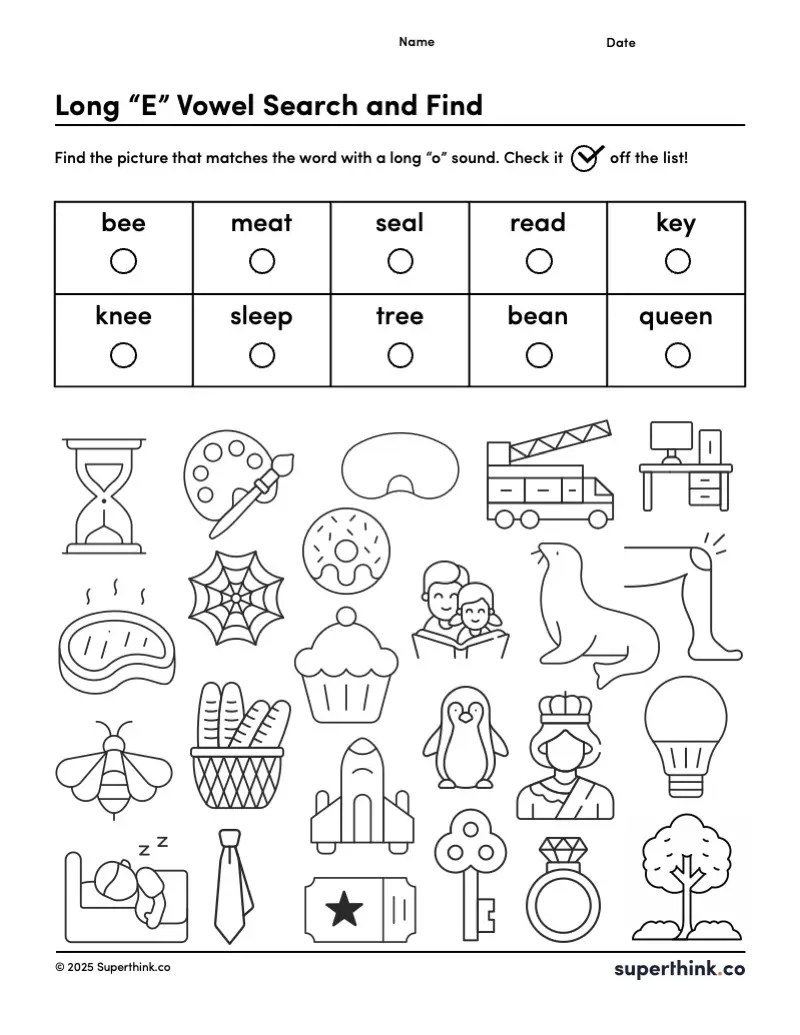 Free Long E Vowel Sounds Worksheet - Superthink, image size:800x1035
