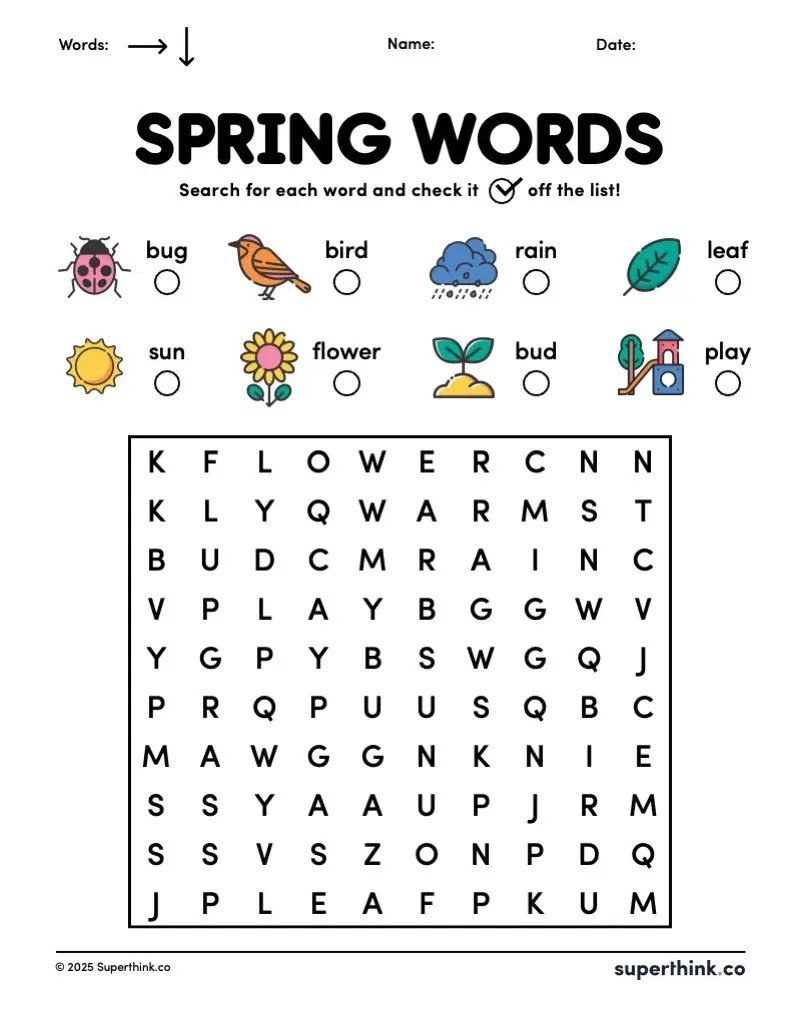A spring word search puzzle printable displaying eight images of seasonal items such as a flower and rain. Each image is paired with its corresponding word and a checkbox. Below the images, a word search grid contains the listed words hidden horizontally and vertically.