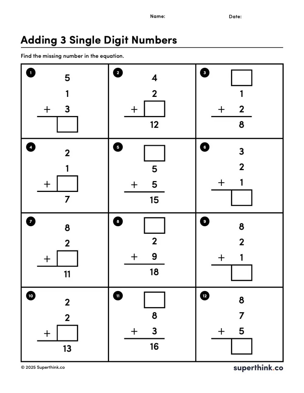 Free adding single digit numbers worksheet with 12 addition problems. Each shows an addition equation with four numbers with one missing. Students fill in the missing number to complete each equation. Sums are all 20 or less.