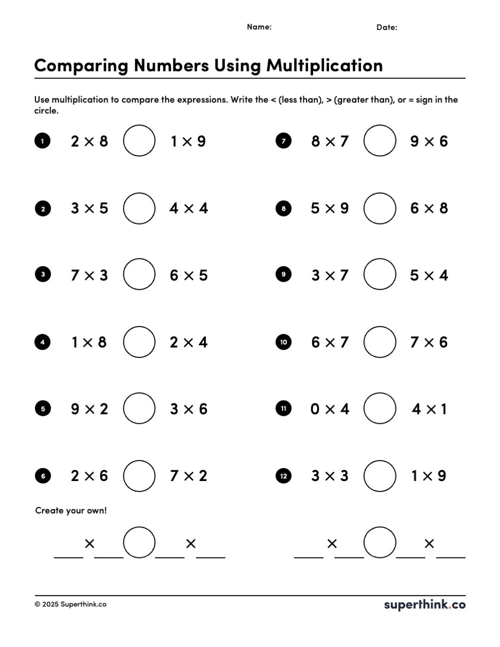 Comparing numbers using multiplication worksheet showing 12 multiplication comparison problems. Each problem has two multiplication expressions with a circle in the middle for students to write , or =. The bottom includes space for students to create two of their own comparison problems.