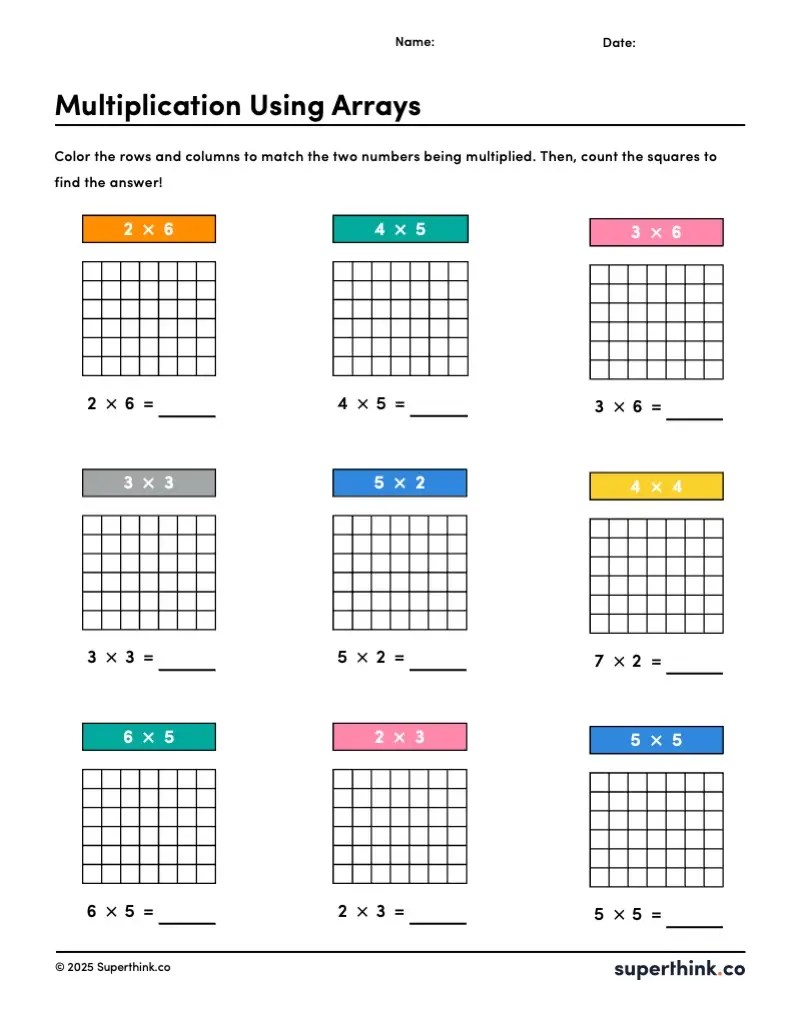 Multiplication using arrays worksheet with 9 square grid problems, each using a 6x6 area model. Students color rows and columns to solve basic multiplication facts.