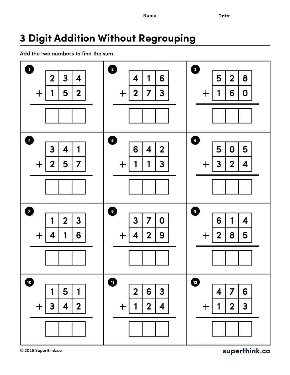 Image shows a math worksheet with 12 problems of 3-digit addition without regrouping. Each number in the problem and answer are placed in separate boxes, reinforcing number structure and basic addition skills.
