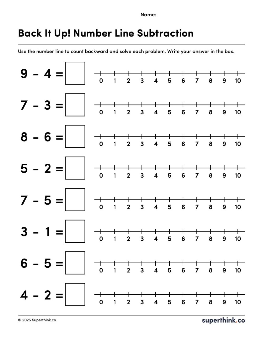 A printable number line subtraction worksheet with 8 problems like 9 − 4 = ☐, each with a number line from 0 to 10 to help students count backward and solve.