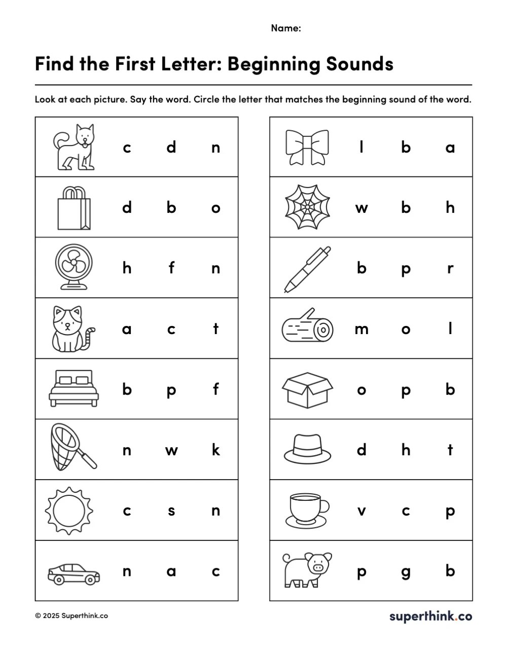Image shows a colorful beginning sounds worksheet with 16 pictures, each representing a CVC word (e.g., pig, fan, sun). Students choose the correct beginning letter for each picture. Perfect for kindergarten phonics practice.