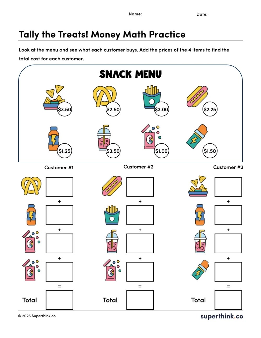A printable money math worksheet with a concession stand menu and three students purchasing different combinations of snacks. Students calculate the total cost by adding decimals.