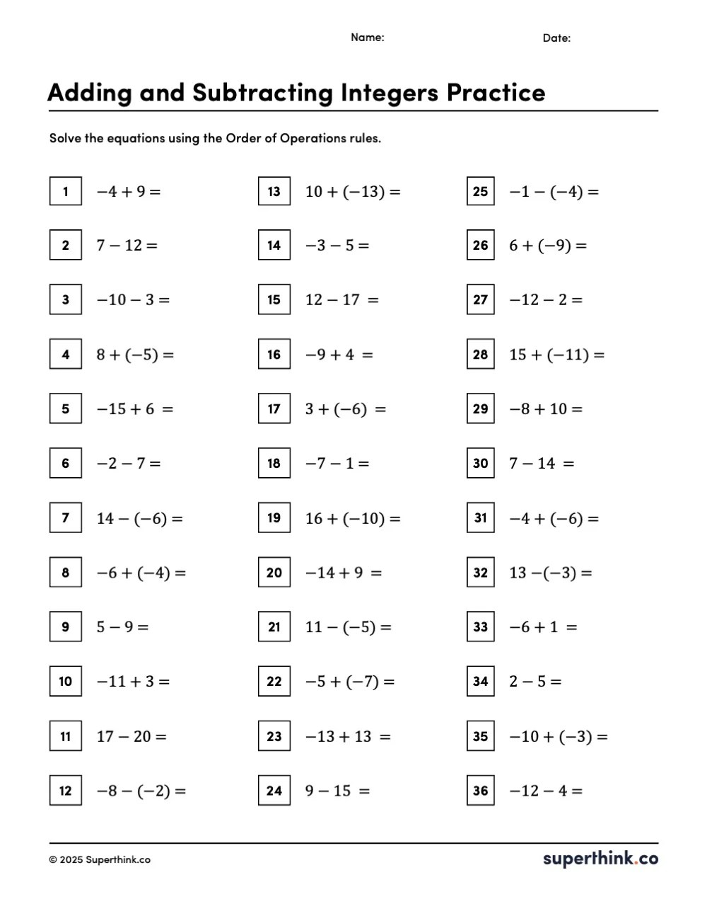 Printable adding and subtracting integers practice worksheet with 36 problems involving positive and negative numbers. Designed for 6th and 7th grade math students to build fluency with integer operations.