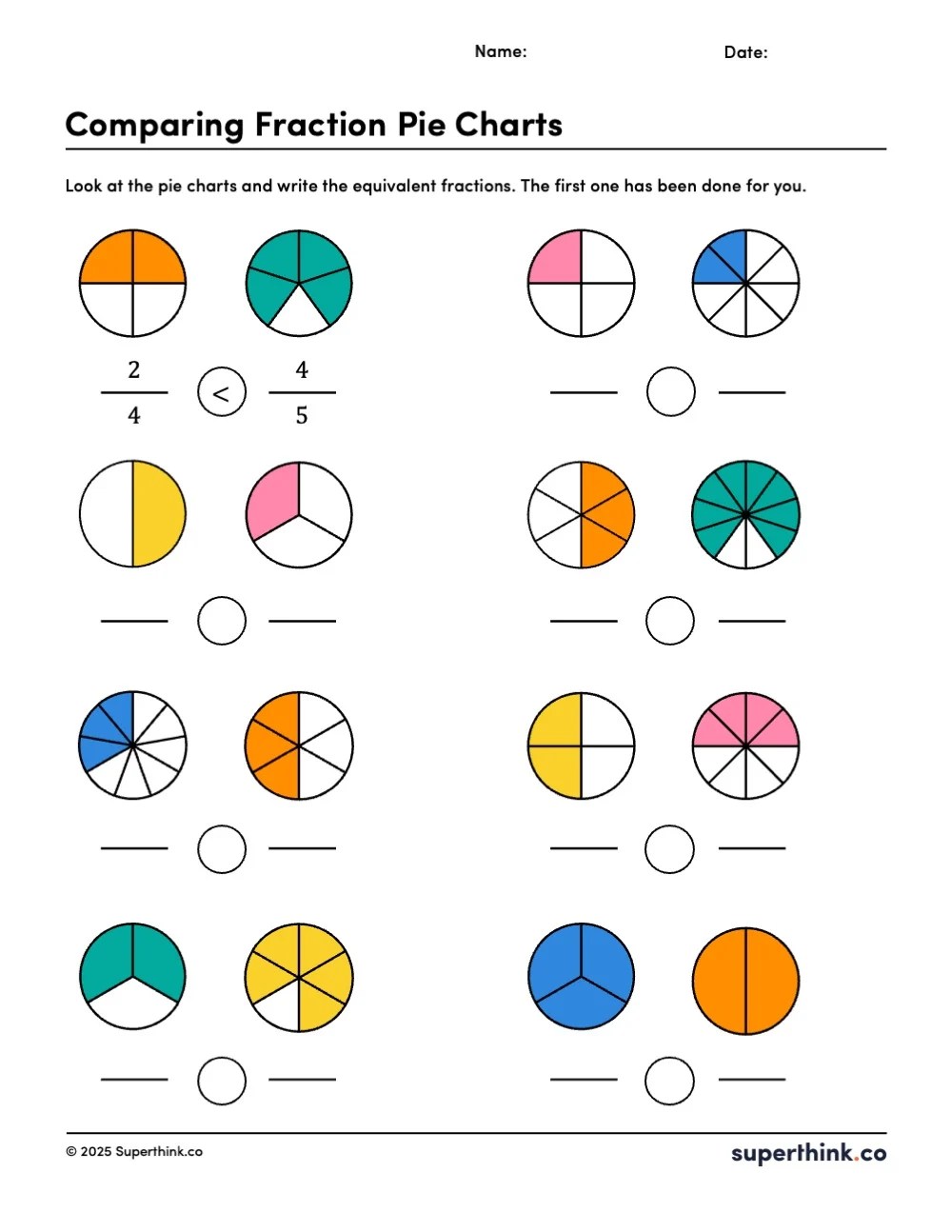 Free comparing fractions worksheet with colorful pie charts and < > = symbols for 3rd and 4th grade.