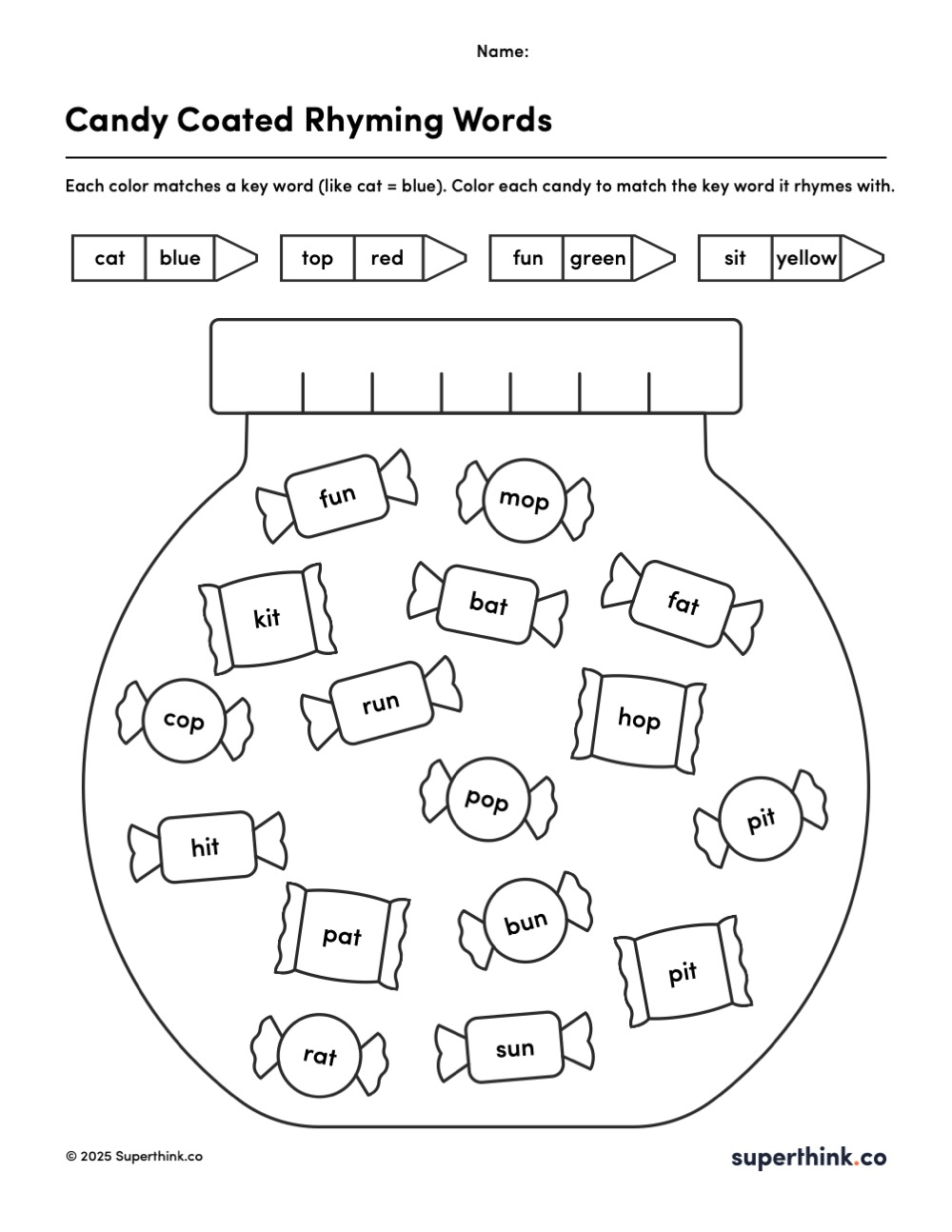 A candy-themed rhyming words worksheet for kindergarten showing a large jar filled with candy pieces, each labeled with a word. Students use a rhyme key at the top of the page to color each candy based on which key word it rhymes with.