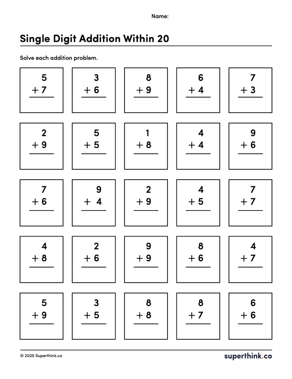 Free, printable addition single digit addition within 20 worksheet with math facts adding to 20.