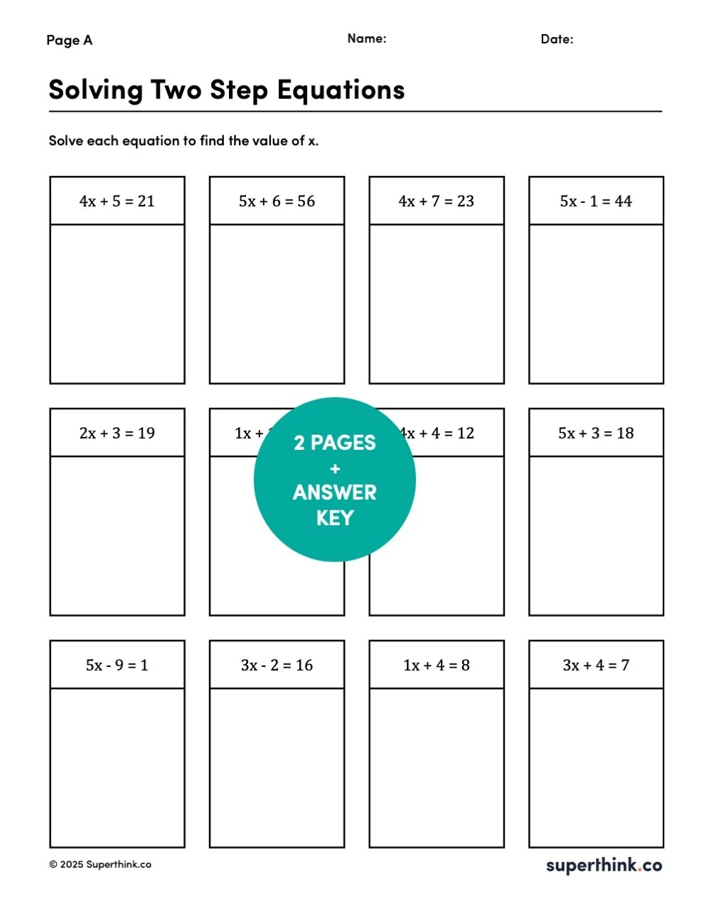 Printable Solving Two Step Equations Worksheet with 24 Problems and Answer Key – Ideal for Pre-Algebra and Middle School Math