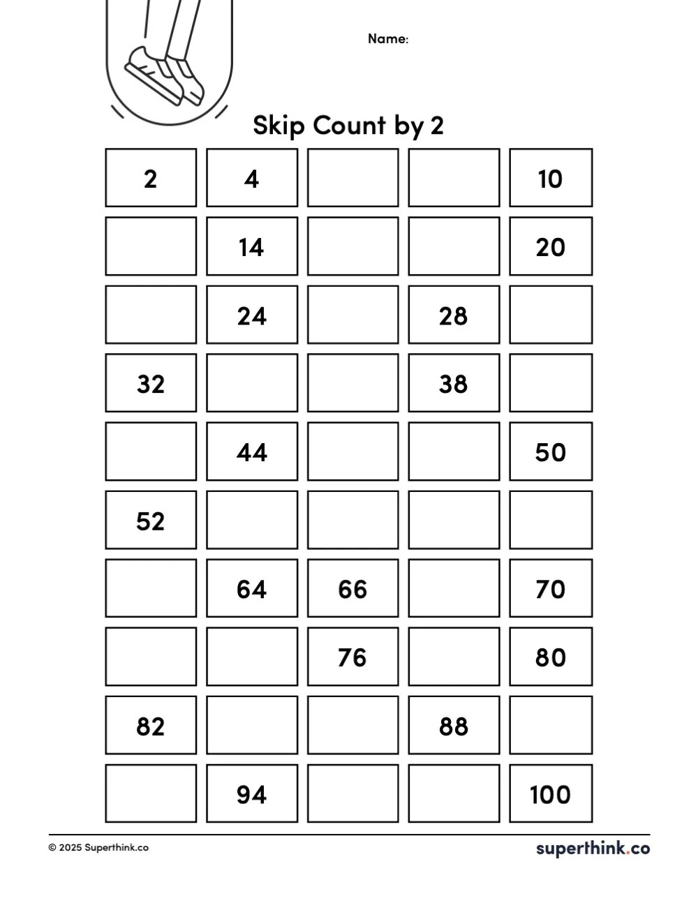 Printable skip count by 2 worksheet with 50 numbered boxes. Students fill in missing numbers to complete the counting pattern.