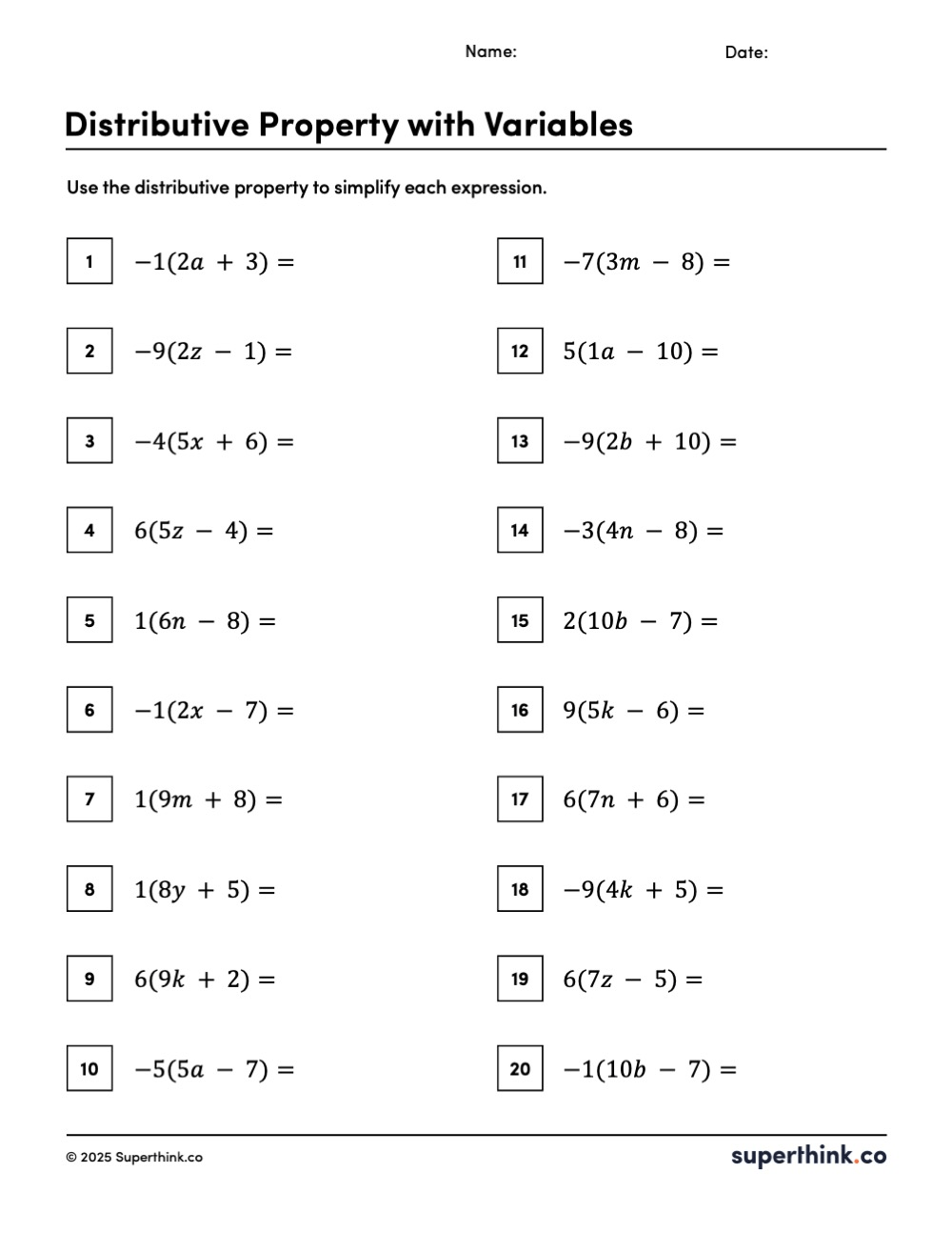 Distributive property worksheet with variables showing 20 algebraic expressions like -1(2a + 3) and 6(5z − 4) to simplify using the distributive property.