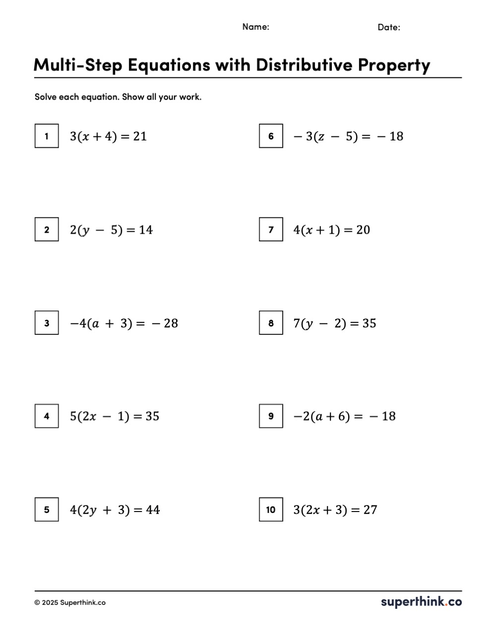 Multi step equations worksheet with distributive property, featuring 10 algebraic problems like 3(x + 4) = 21 and -4(a + 3) = -28 for students to solve step-by-step.