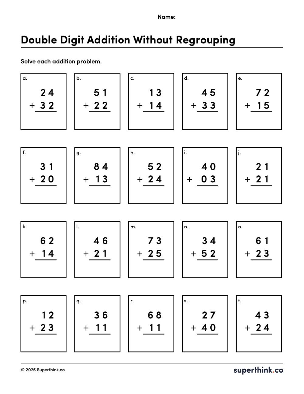 A printable worksheet titled "Double Digit Addition Without Regrouping" featuring 20 two-digit vertical addition problems such as 24 + 32 and 51 + 22, arranged in a 4x5 grid for elementary students.