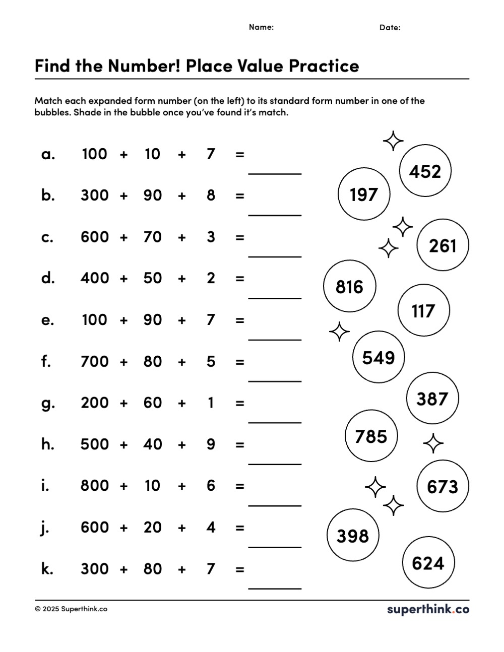 Place value practice worksheet with expanded form equations on the left and bubble-style standard form numbers on the right. 2nd and 3rd grade students match and shade the correct bubble.