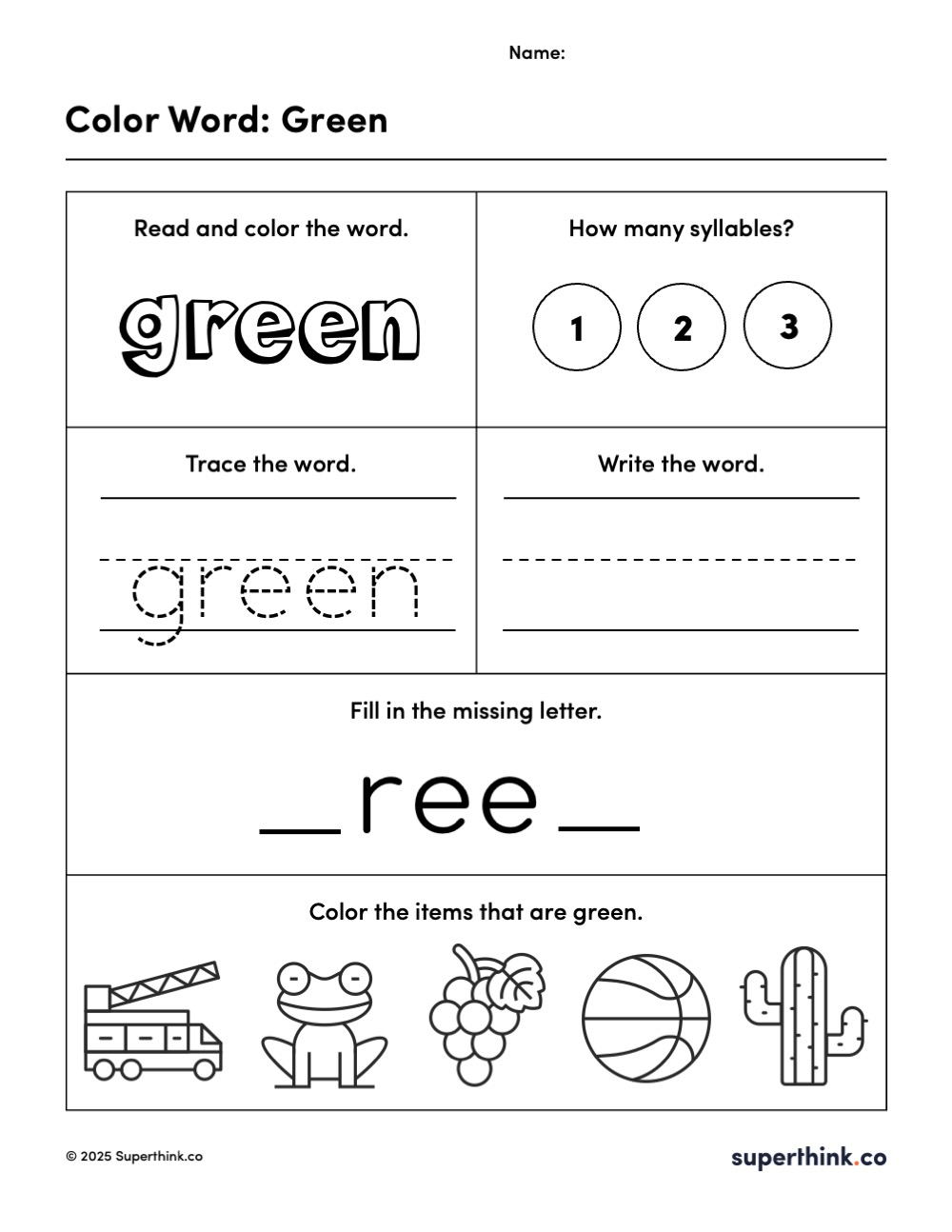 Free black and white color word worksheet printable focused on the color word "green." Activities include coloring the word, syllable identification, tracing, writing, filling in missing letters, and identifying green-colored objects (like a frog, cactus, and grapes).