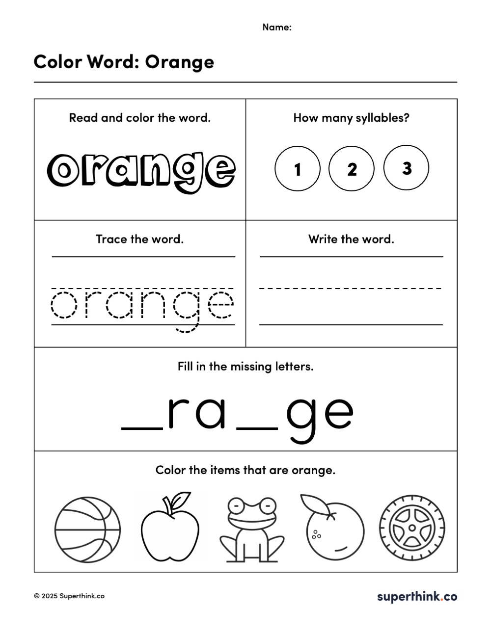 Color word worksheet for “orange” with bubble letters, trace-and-write lines, syllable activity, fill-in-the-blank spelling, and orange-themed pictures like a basketball and an orange for kids to color.