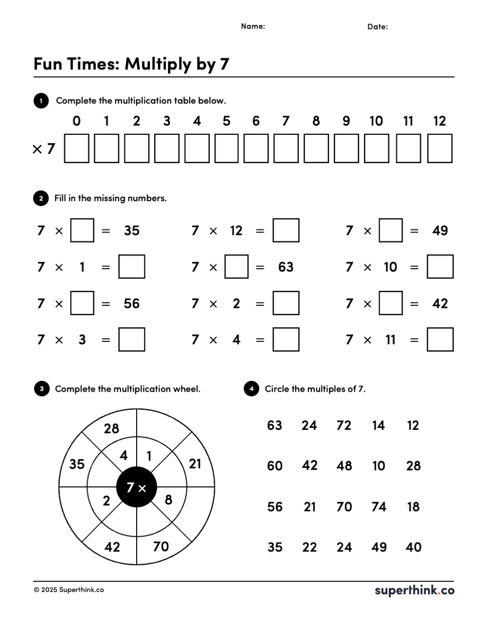 This multiply by 7 worksheet includes a clear multiplication table, missing-number fill-ins, a circular multiplication wheel, and a multiples search activity, all crafted to help students master multiplication by 7.